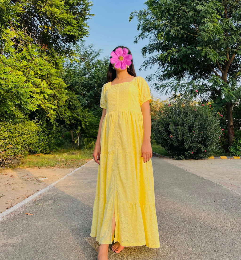 Chikankari Butter Yellow Long Frock