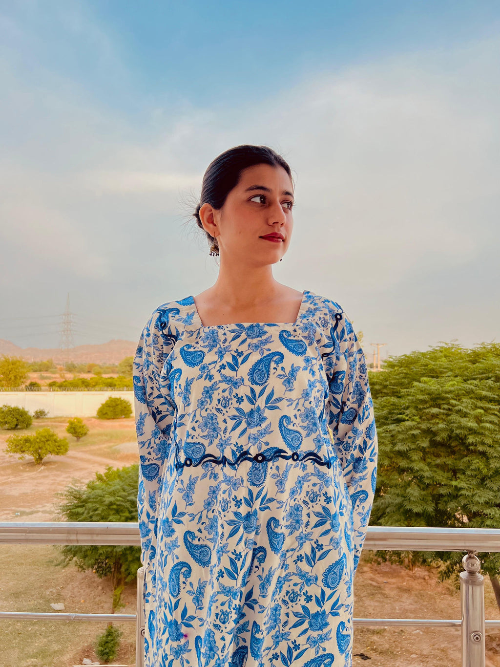 Printed Dress with Embroidered Neck-2 Piece