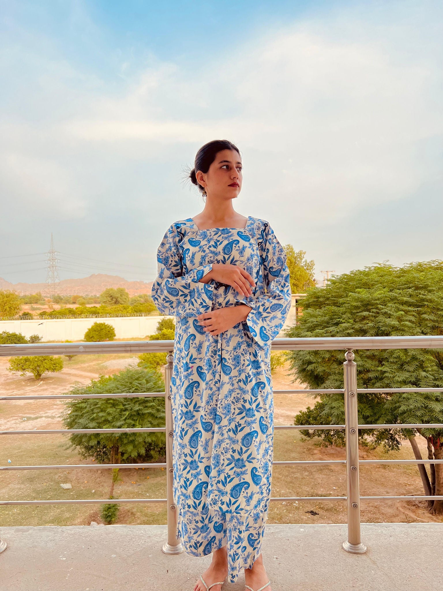 Printed Dress with Embroidered Neck-2 Piece