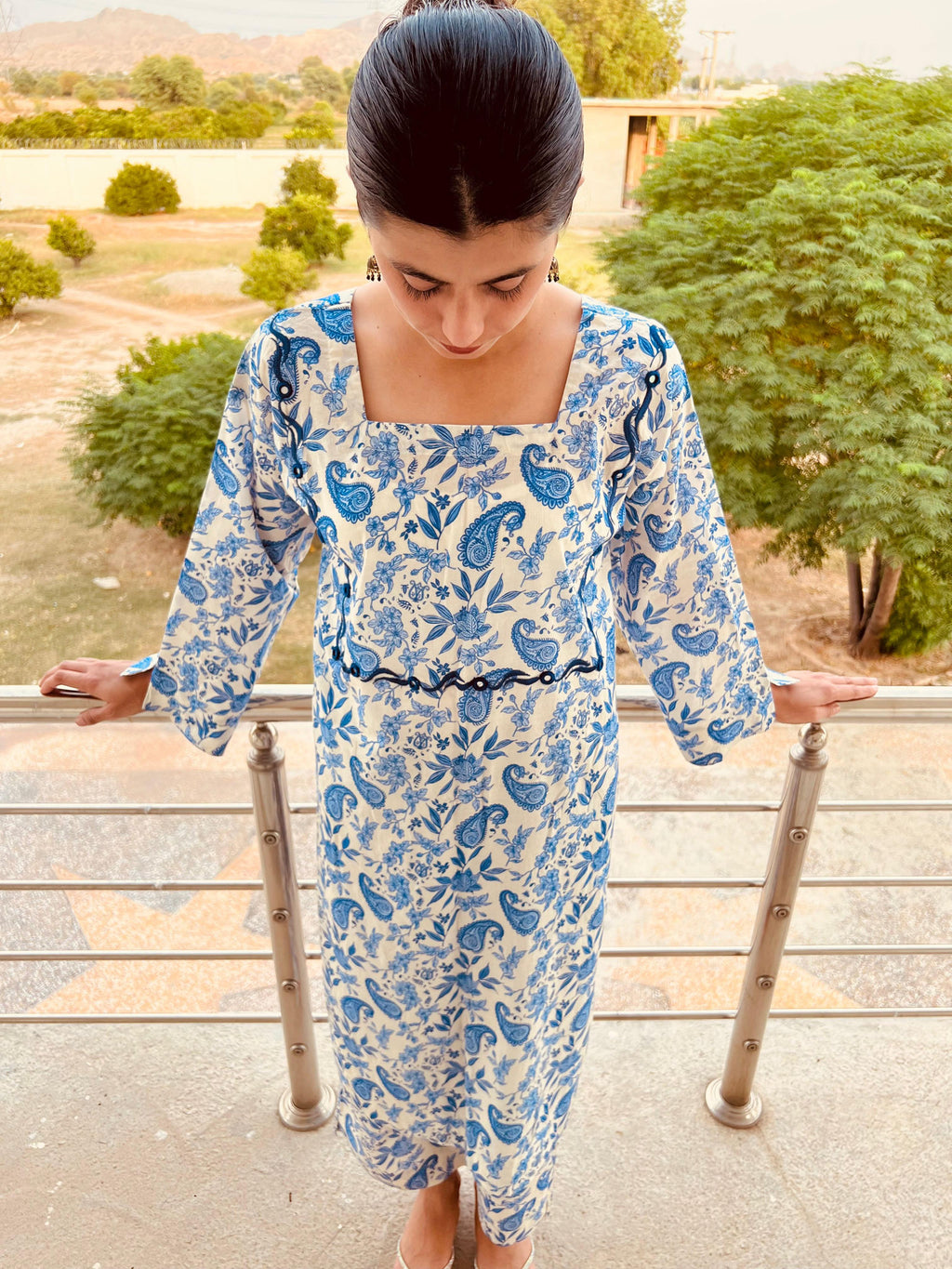 Printed Dress with Embroidered Neck-2 Piece