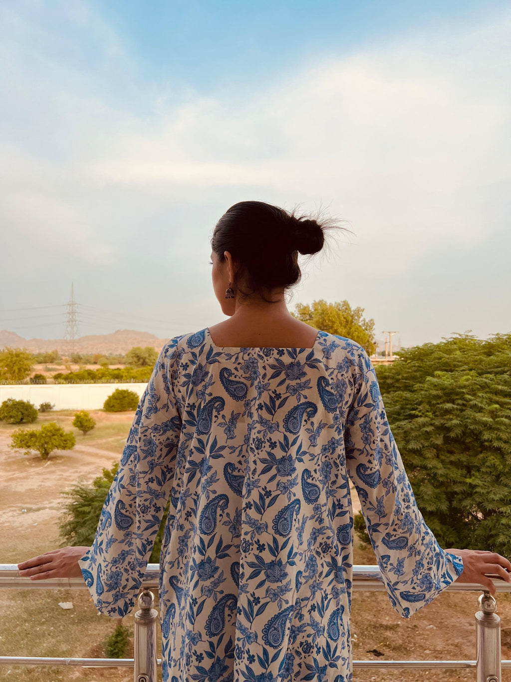 Printed Dress with Embroidered Neck-2 Piece