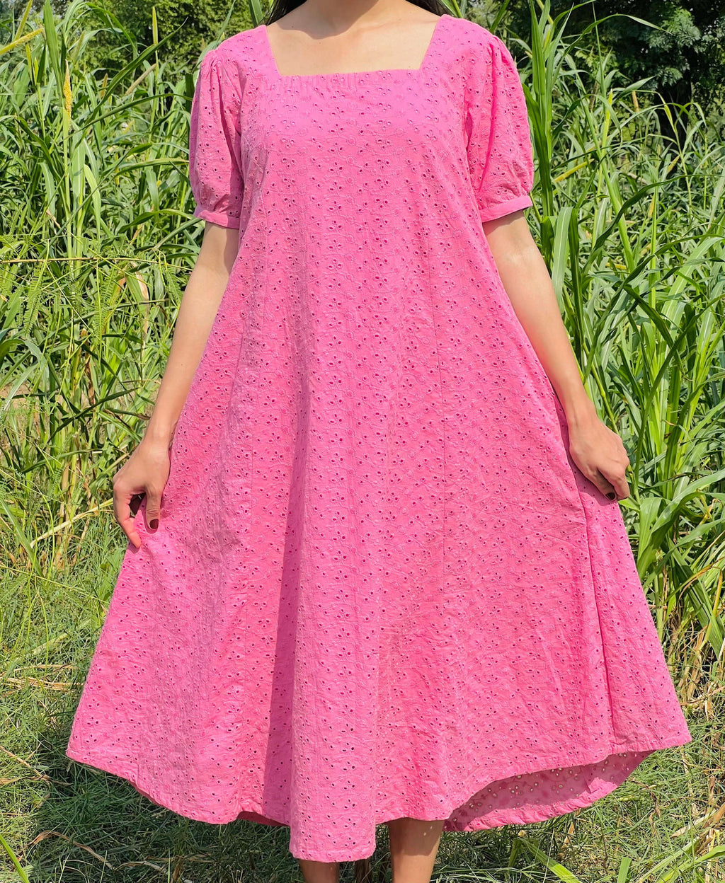 Neon Pink Chikankari Frock