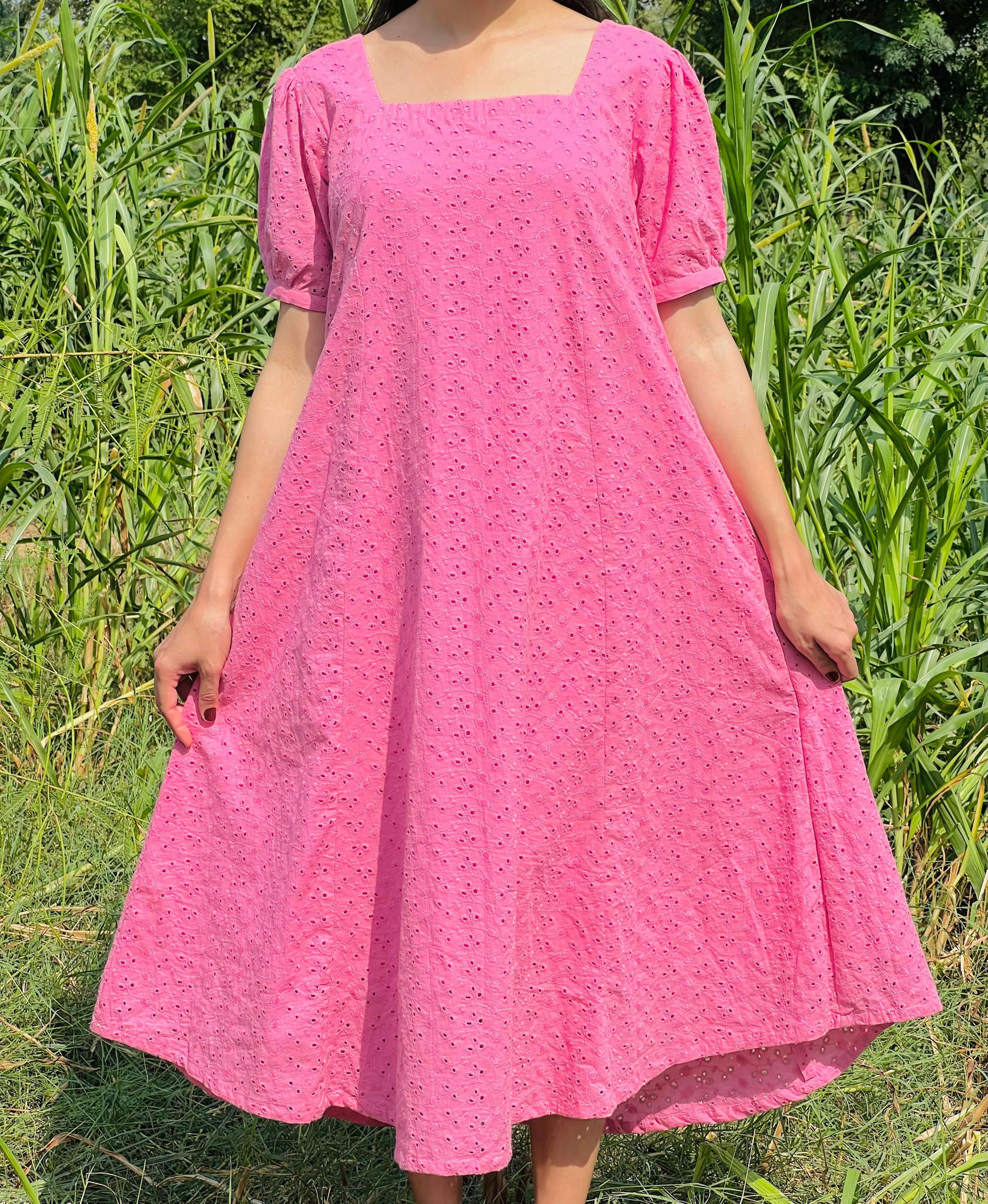 Neon Pink Chikankari Frock