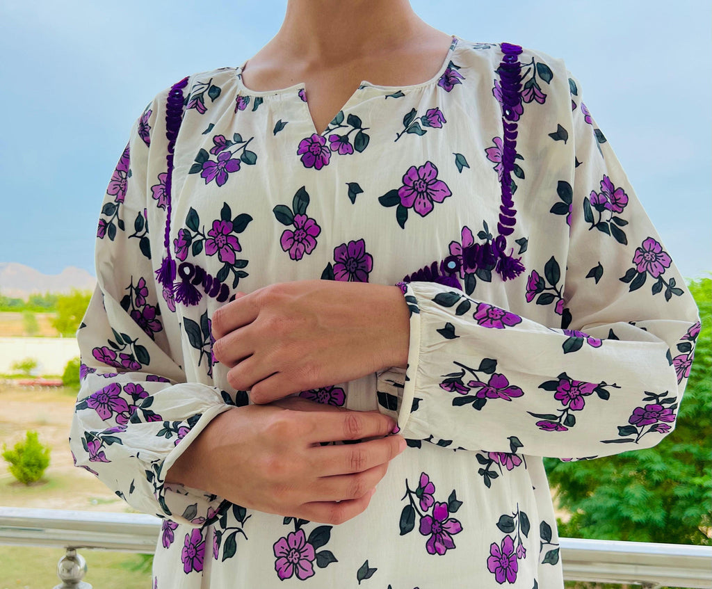 Hand-Embroidered Printed Long Kurta